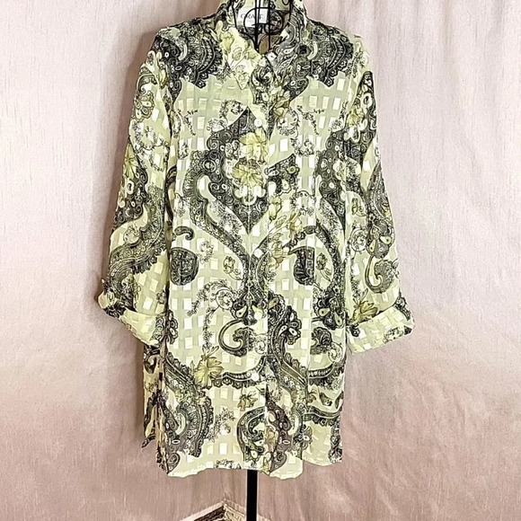 GRAFF Floral Paisley Green and Gold Semi‎ Sheer Blouse XL - Picture 1 of 7